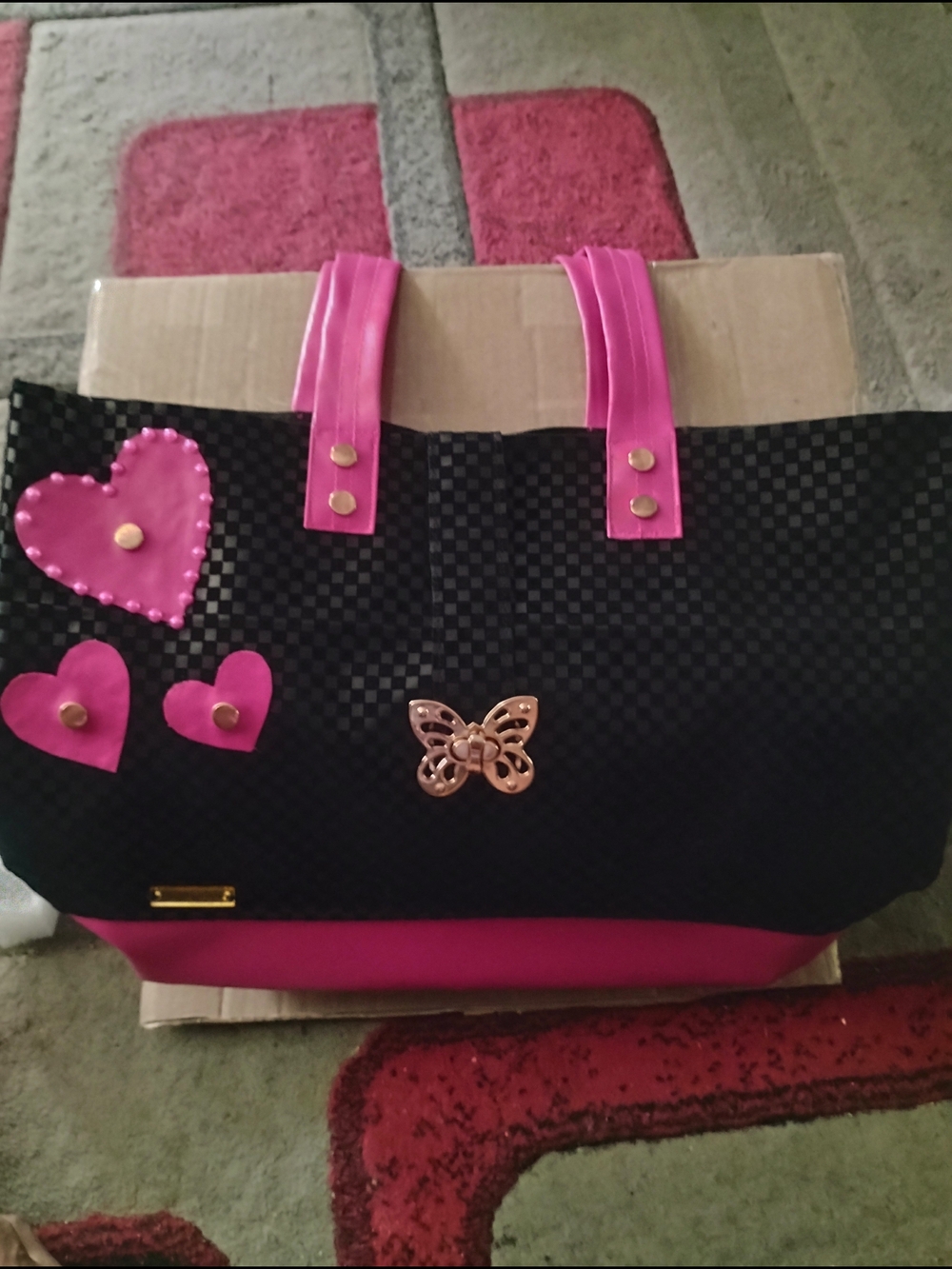 Black and Pink Heart Tote Bag with Butterfly Accent